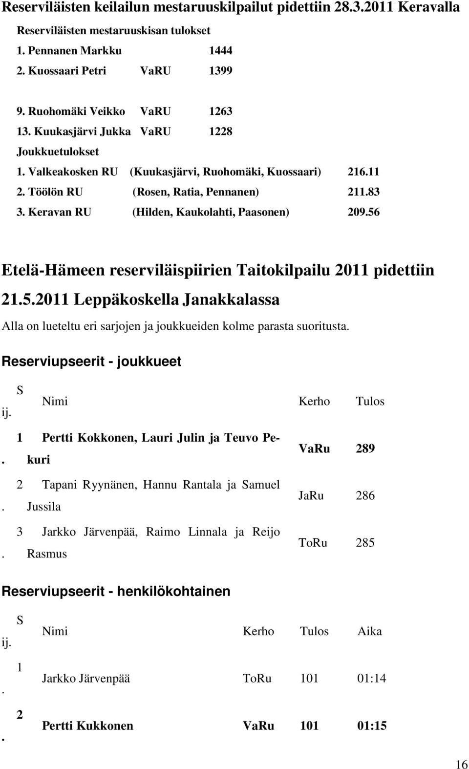 Etelä-Hämeen reserviläispiirien Taitokilpailu 2011 pidettiin 2152011 Leppäkoskella Janakkalassa Alla on lueteltu eri sarjojen ja joukkueiden kolme parasta suoritusta Reserviupseerit - joukkueet ij S