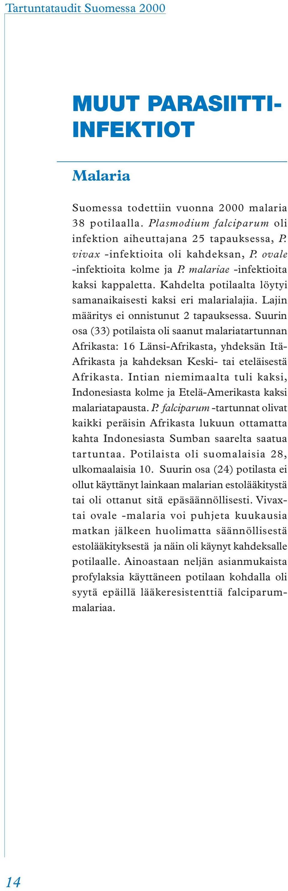 Suurin osa (33) potilaista oli saanut malariatartunnan Afrikasta: 16 Länsi-Afrikasta, yhdeksän Itä- Afrikasta ja kahdeksan Keski- tai eteläisestä Afrikasta.