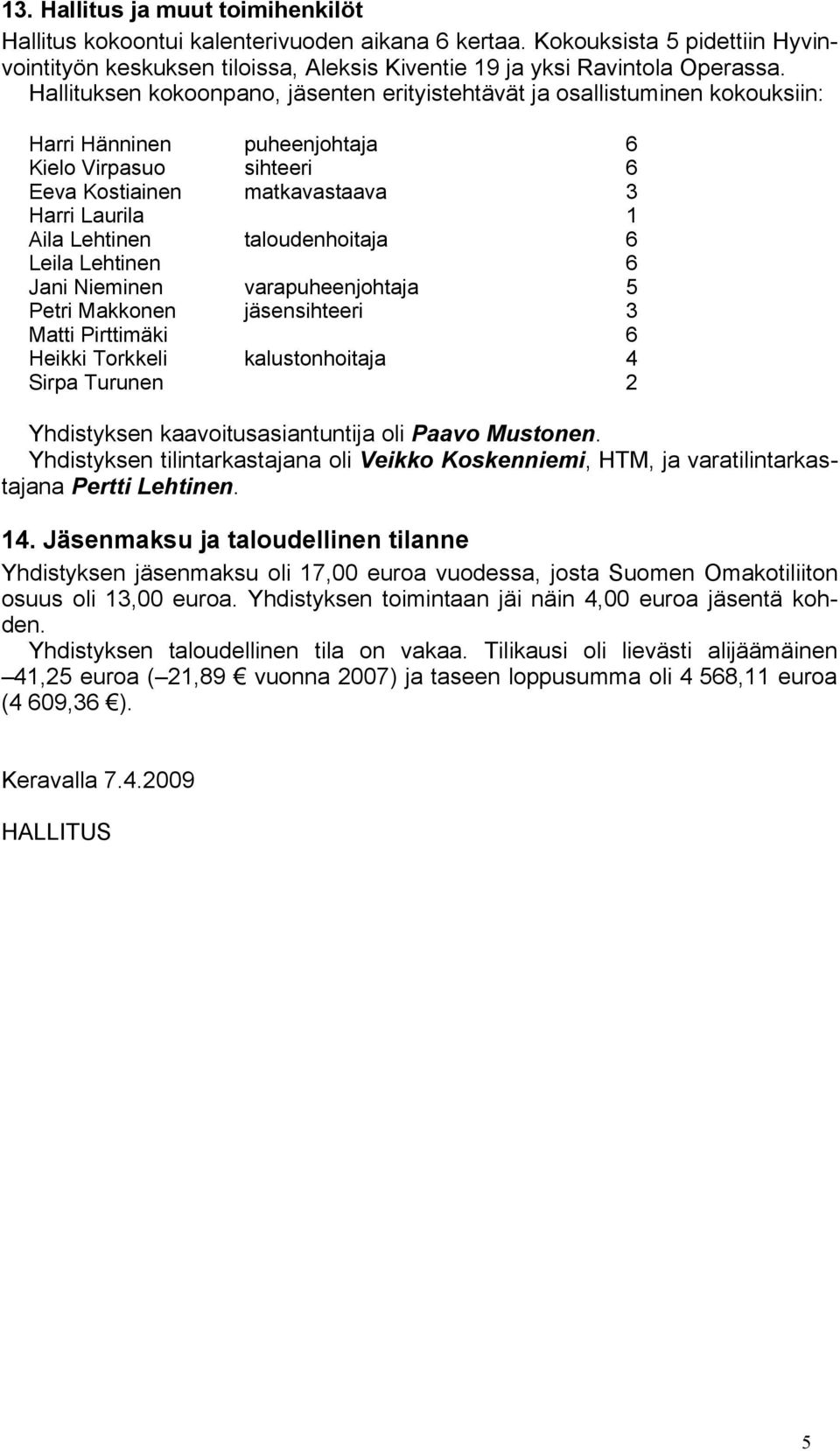 taloudenhoitaja 6 Leila Lehtinen 6 Jani Nieminen varapuheenjohtaja 5 Petri Makkonen jäsensihteeri 3 Matti Pirttimäki 6 Heikki Torkkeli kalustonhoitaja 4 Sirpa Turunen 2 Yhdistyksen