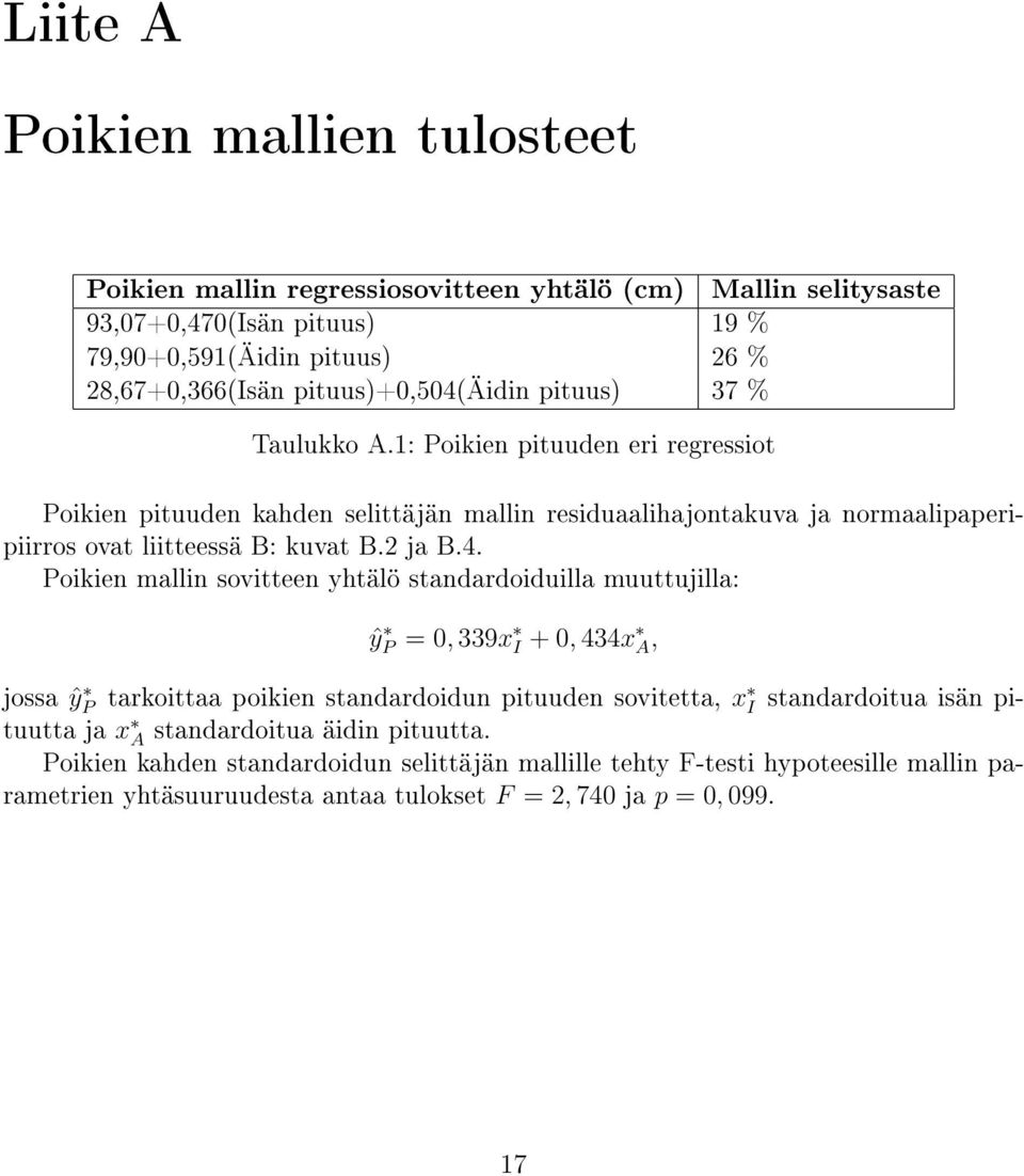 1: Poikien pituuden eri regressiot Poikien pituuden kahden selittäjän mallin residuaalihajontakuva ja normaalipaperipiirros ovat liitteessä B: kuvat B.2 ja B.4.