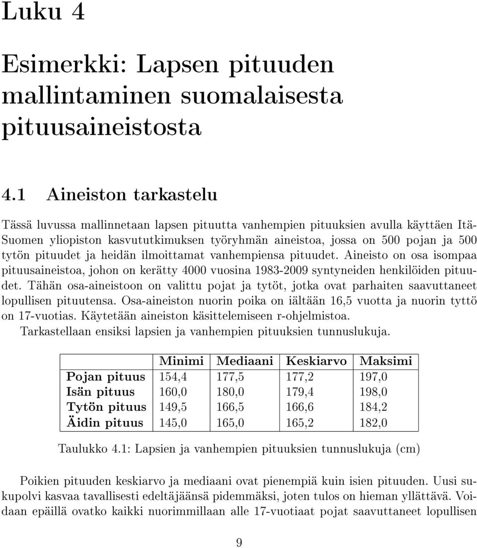 pituudet ja heidän ilmoittamat vanhempiensa pituudet. Aineisto on osa isompaa pituusaineistoa, johon on kerätty 4000 vuosina 1983-2009 syntyneiden henkilöiden pituudet.