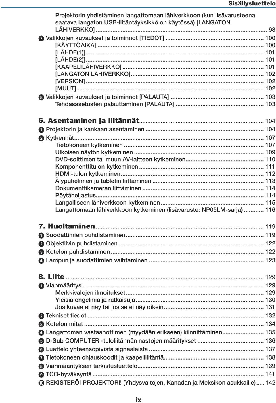 .. 102 8 Valikkojen kuvaukset ja toiminnot [PALAUTA]... 103 Tehdasasetusten palauttaminen [PALAUTA]... 103 6. Asentaminen ja liitännät... 104 Projektorin ja kankaan asentaminen... 104 Kytkennät.