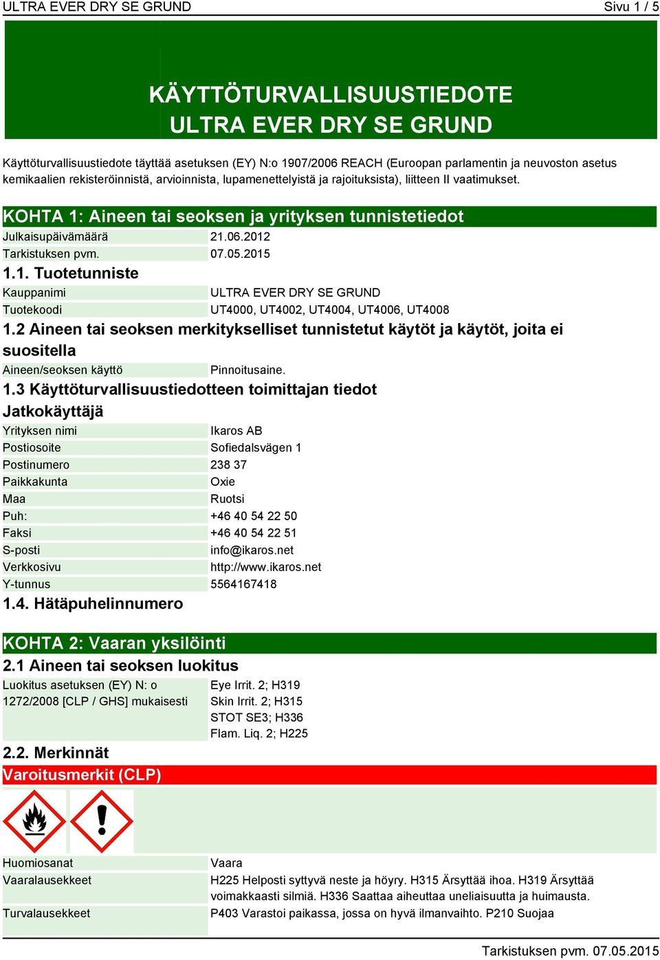 Aineen tai seoksen ja yrityksen tunnistetiedot Julkaisupäivämäärä 21.06.2012 1.1. Tuotetunniste Kauppanimi Tuotekoodi ULTRA EVER DRY SE GRUND UT4000, UT4002, UT4004, UT4006, UT4008 1.