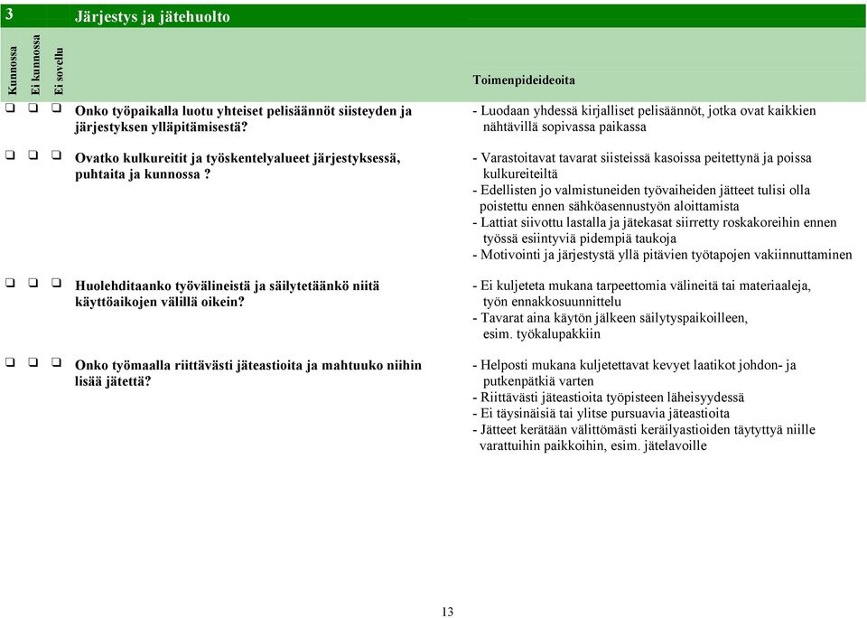 Huolehditaanko työvälineistä ja säilytetäänkö niitä käyttöaikojen välillä oikein? Onko työmaalla riittävästi jäteastioita ja mahtuuko niihin lisää jätettä?