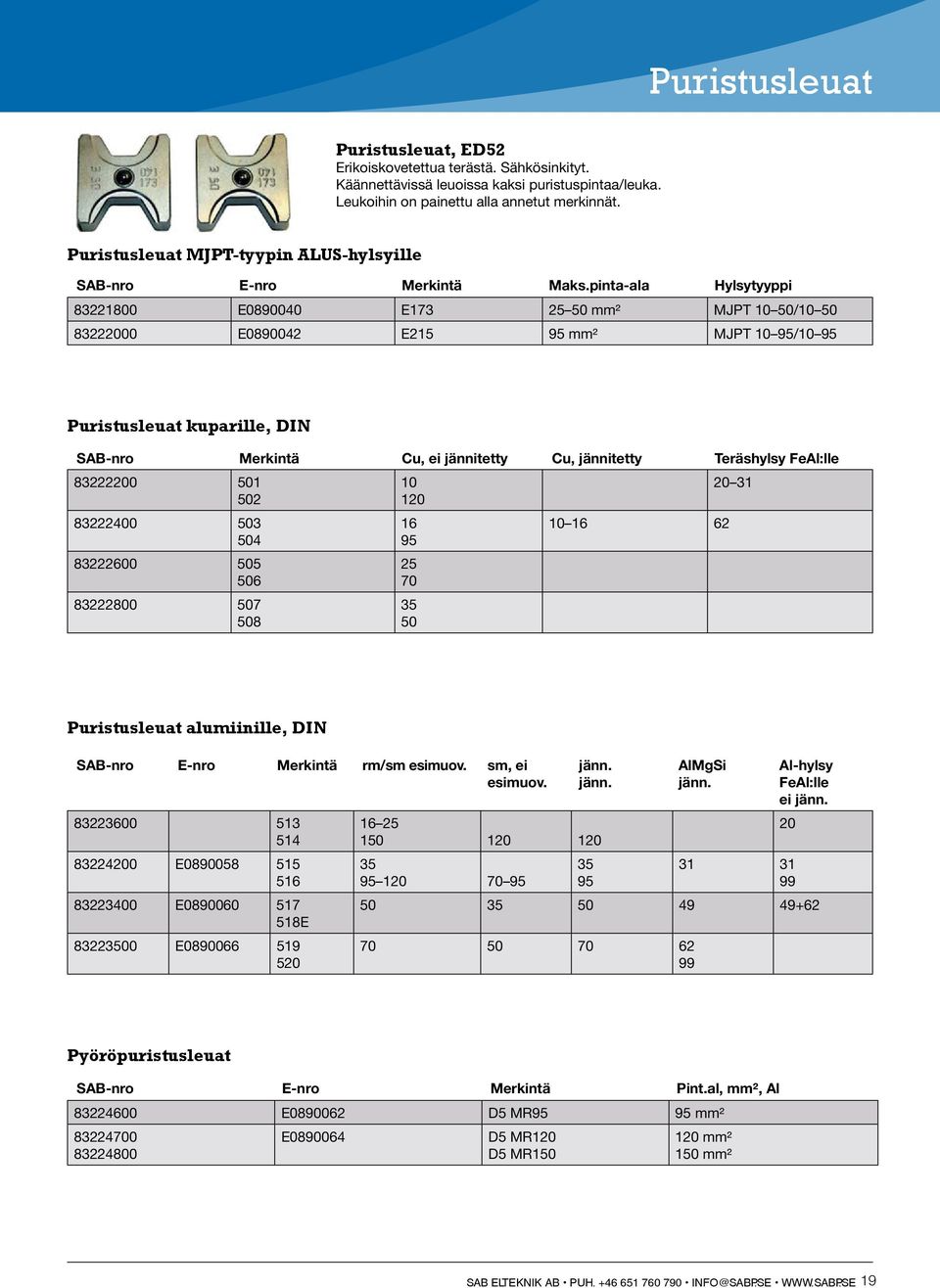 pinta-ala Hylsytyyppi 83221800 E0890040 E173 25 50 mm² MJPT 10 50/10 50 83222000 E0890042 E215 95 mm² MJPT 10 95/10 95 Puristusleuat kuparille, DIN SAB-nro Merkintä Cu, ei jännitetty Cu, jännitetty