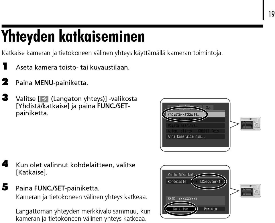 3 Valitse [ (Langaton yhteys)] -valikosta [Yhdistä/katkaise] ja paina FUNC./SETpainiketta.