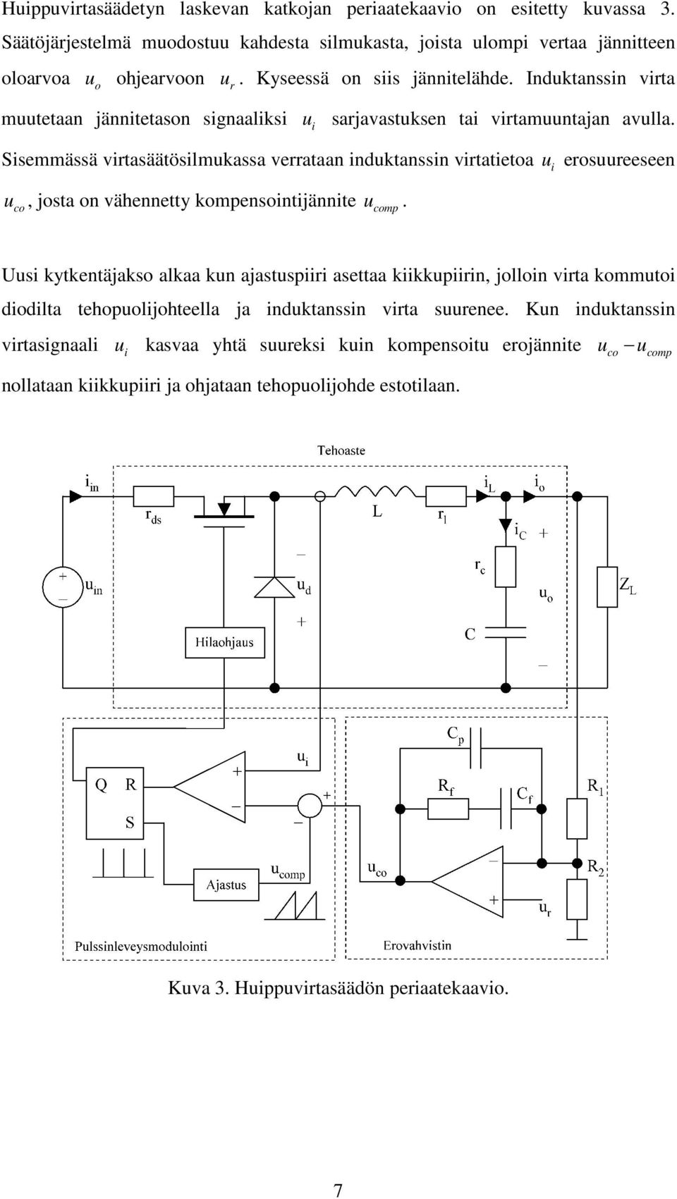 Indktanssin virta i sarjavastksen tai virtamntajan avlla. Sisemmässä virtasäätösilmkassa verrataan indktanssin virtatietoa i erosreeseen co, josta on vähennetty kompensointijännite comp.