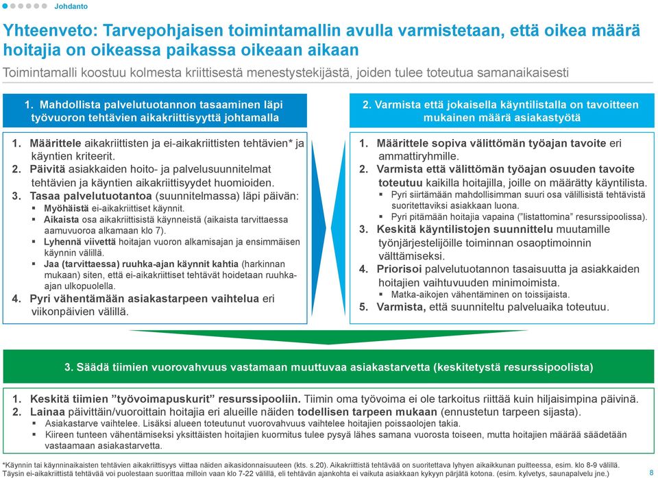 Määrittele aikakriittisten ja ei-aikakriittisten tehtävien* ja käyntien kriteerit. 2. Päivitä asiakkaiden hoito- ja palvelusuunnitelmat tehtävien ja käyntien aikakriittisyydet huomioiden. 3.