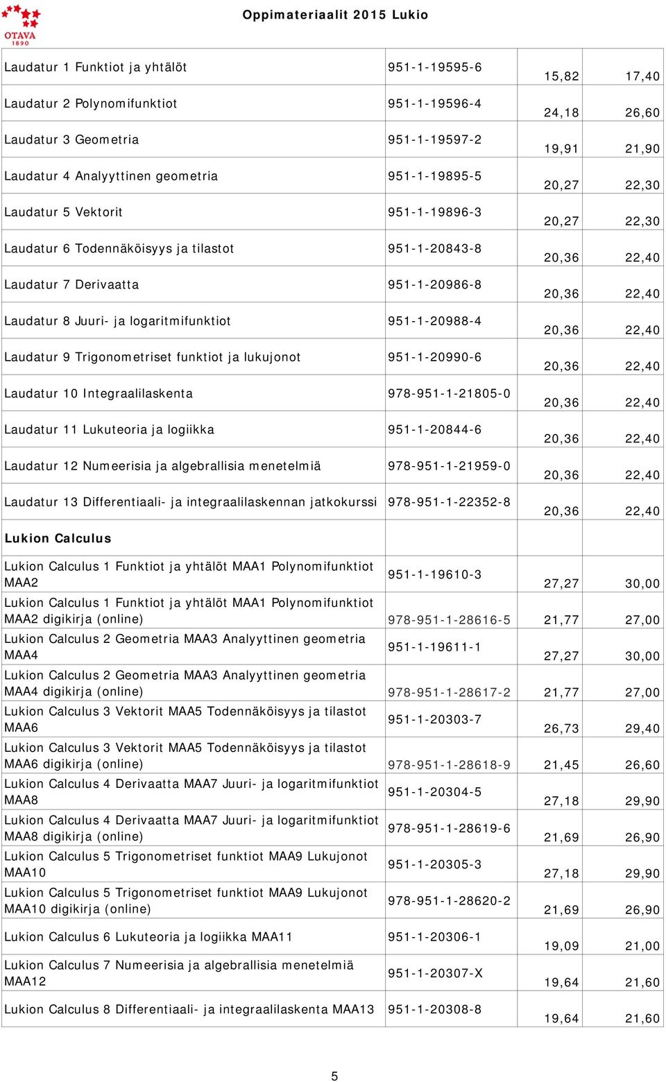 lukujonot 951-1-20990-6 Laudatur 10 Integraalilaskenta 978-951-1-21805-0 Laudatur 11 Lukuteoria ja logiikka 951-1-20844-6 Laudatur 12 Numeerisia ja algebrallisia menetelmiä 978-951-1-21959-0 Laudatur