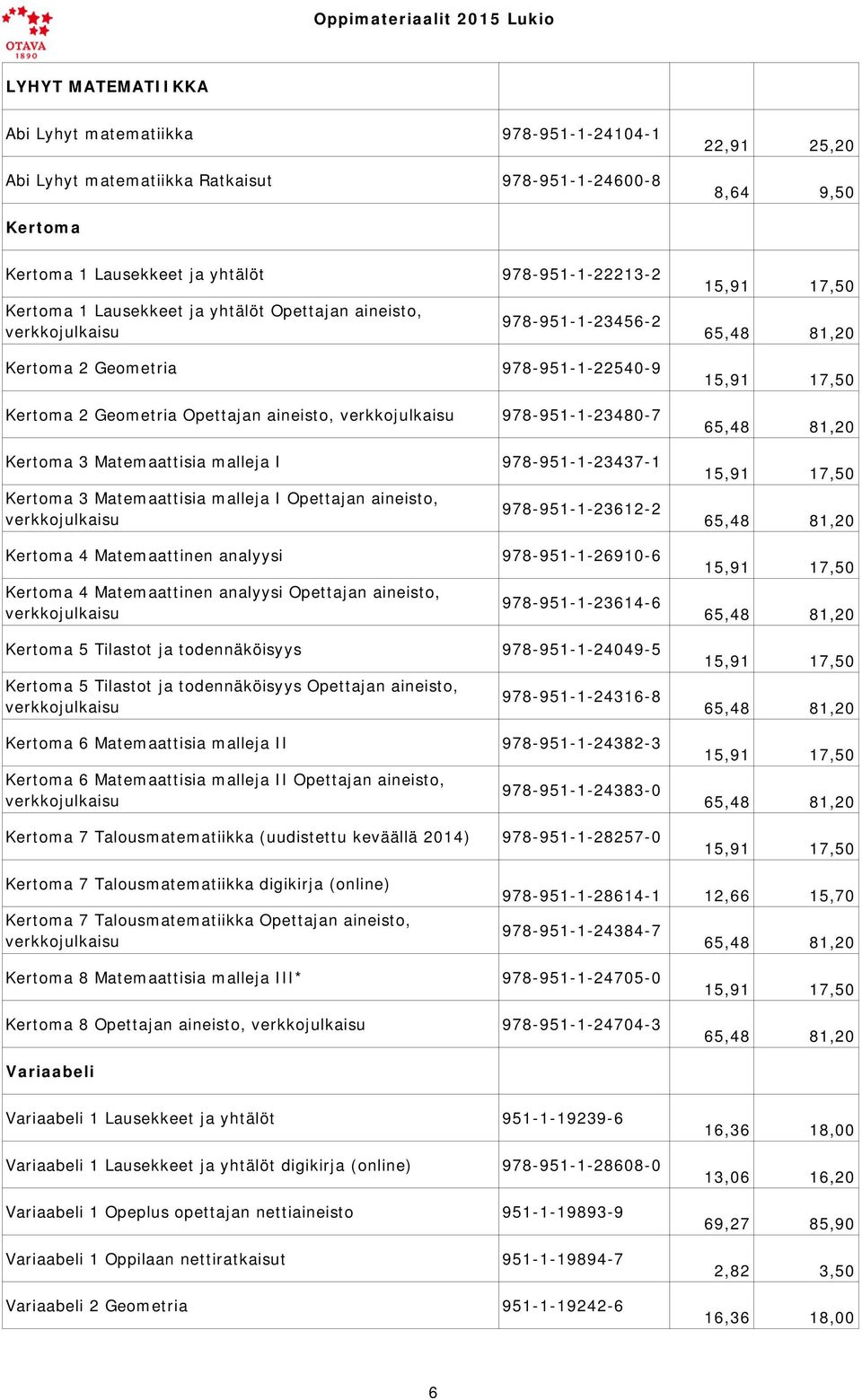 Kertoma 3 Matemaattisia malleja I Opettajan aineisto, 978-951-1-23612-2 Kertoma 4 Matemaattinen analyysi 978-951-1-26910-6 Kertoma 4 Matemaattinen analyysi Opettajan aineisto, 978-951-1-23614-6