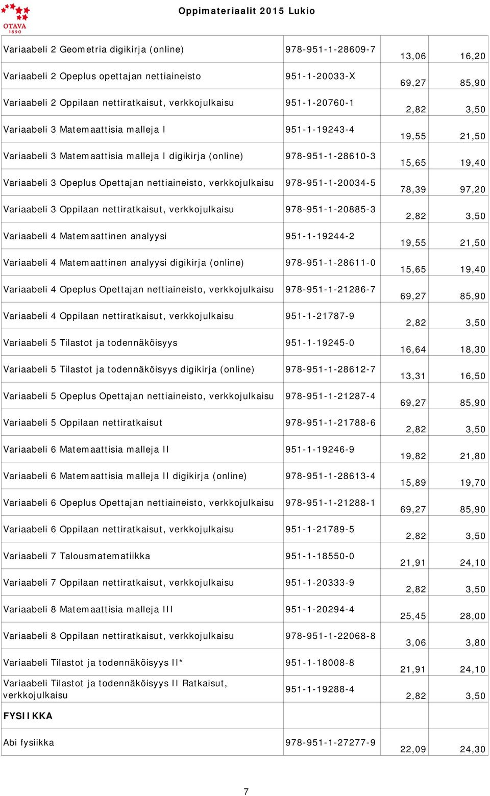 3 Oppilaan nettiratkaisut, 978-951-1-20885-3 Variaabeli 4 Matemaattinen analyysi 951-1-19244-2 Variaabeli 4 Matemaattinen analyysi digikirja (online) 978-951-1-28611-0 Variaabeli 4 Opeplus Opettajan