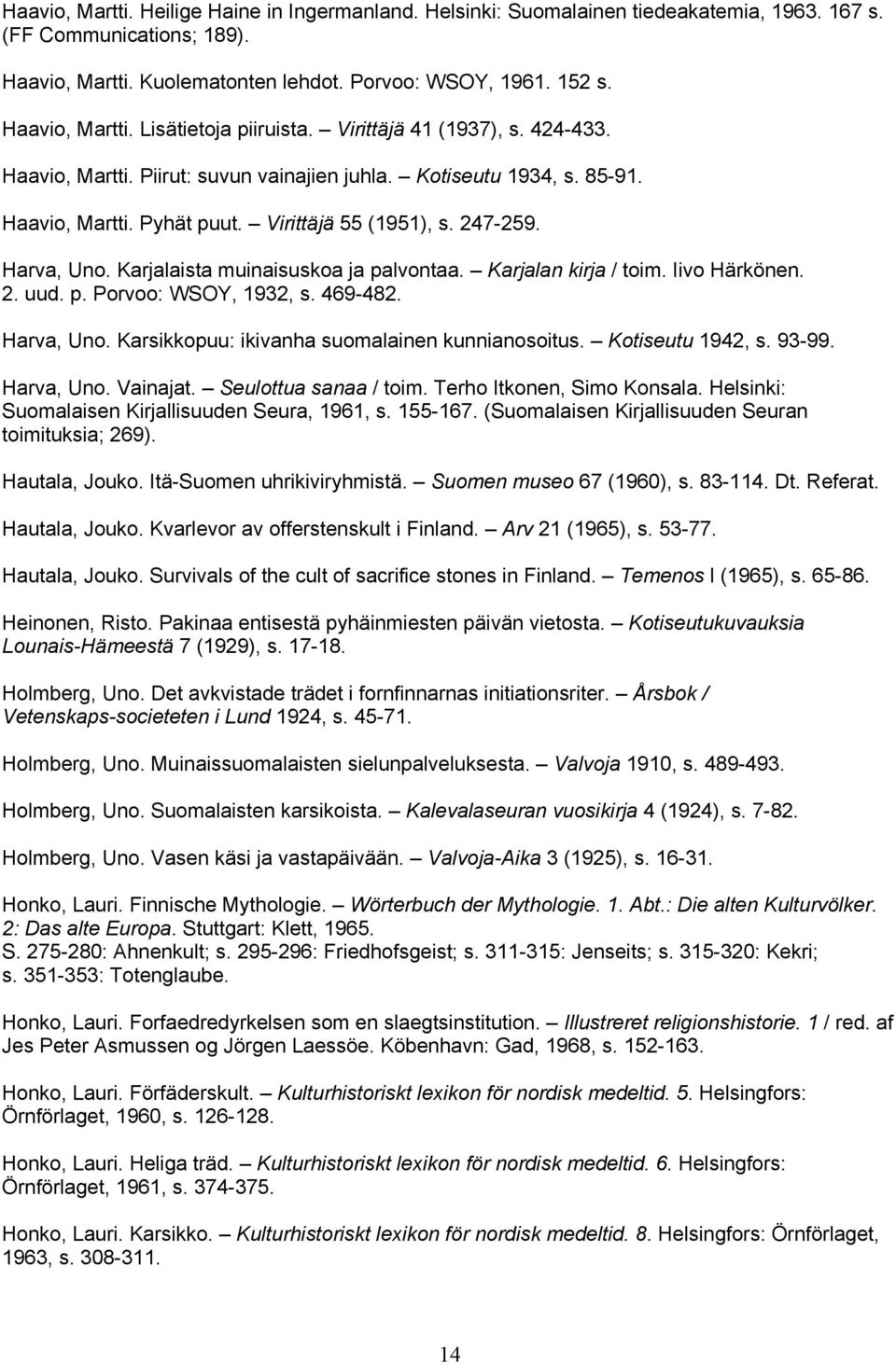247-259. Harva, Uno. Karjalaista muinaisuskoa ja palvontaa. Karjalan kirja / toim. Iivo Härkönen. 2. uud. p. Porvoo: WSOY, 1932, s. 469-482. Harva, Uno. Karsikkopuu: ikivanha suomalainen kunnianosoitus.
