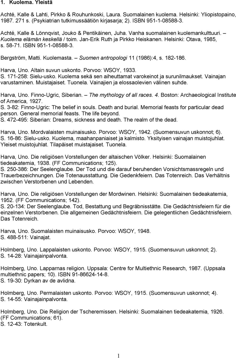 ISBN 951-1-08588-3. Bergström, Matti. Kuolemasta. Suomen antropologi 11 (1986):4, s. 182-186. Harva, Uno. Altain suvun uskonto. Porvoo: WSOY, 1933. S. 171-258: Sielu-usko.