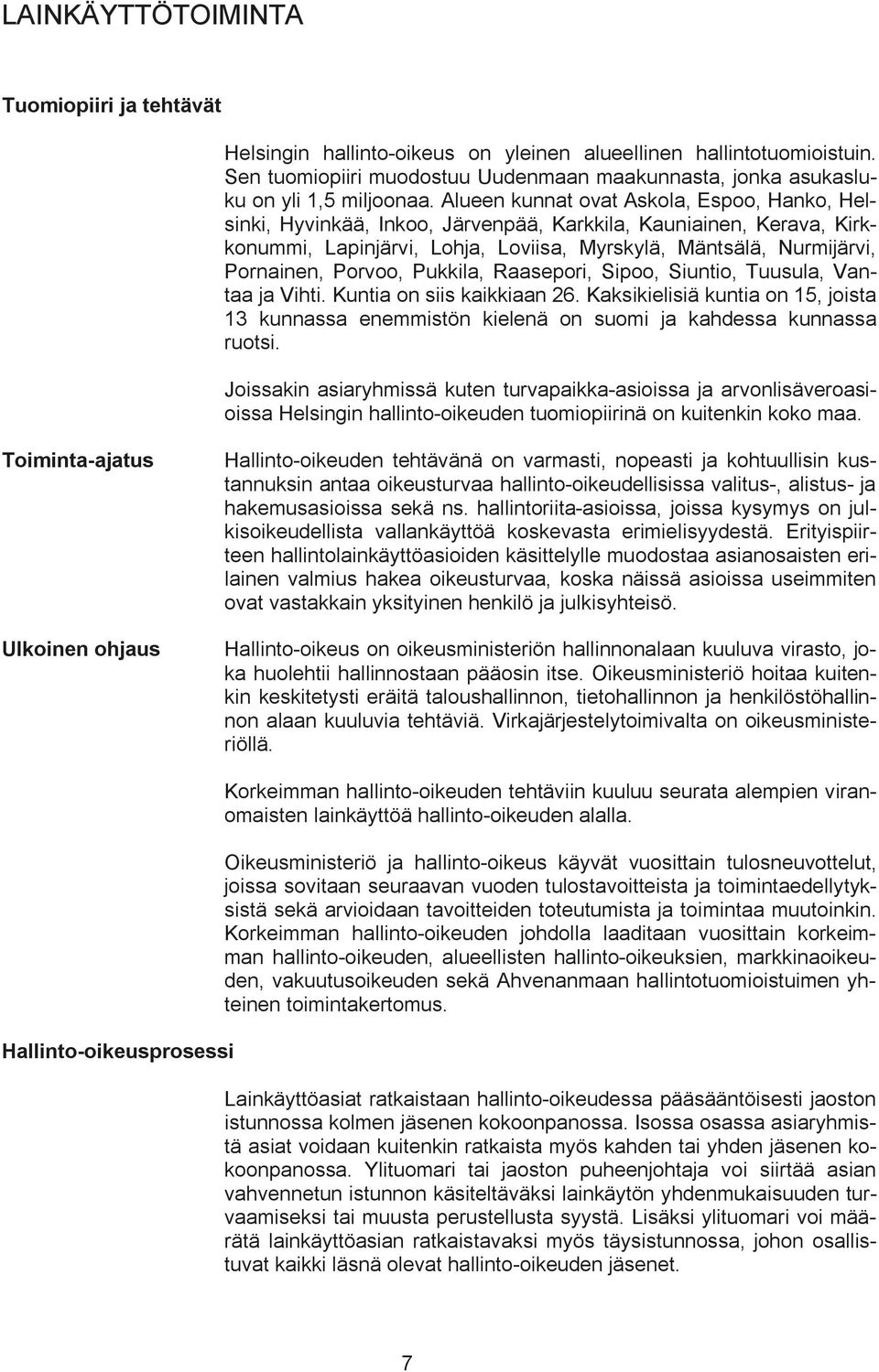 Alueen kunnat ovat Askola, Espoo, Hanko, Helsinki, Hyvinkää, Inkoo, Järvenpää, Karkkila, Kauniainen, Kerava, Kirkkonummi, Lapinjärvi, Lohja, Loviisa, Myrskylä, Mäntsälä, Nurmijärvi, Pornainen,