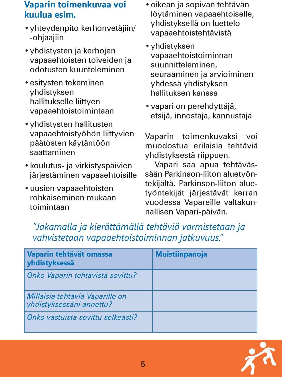 yhdistysten hallitusten vapaaehtoistyöhön liittyvien päätösten käytäntöön saattaminen koulutus- ja virkistyspäivien järjestäminen vapaaehtoisille uusien vapaaehtoisten rohkaiseminen mukaan toimintaan