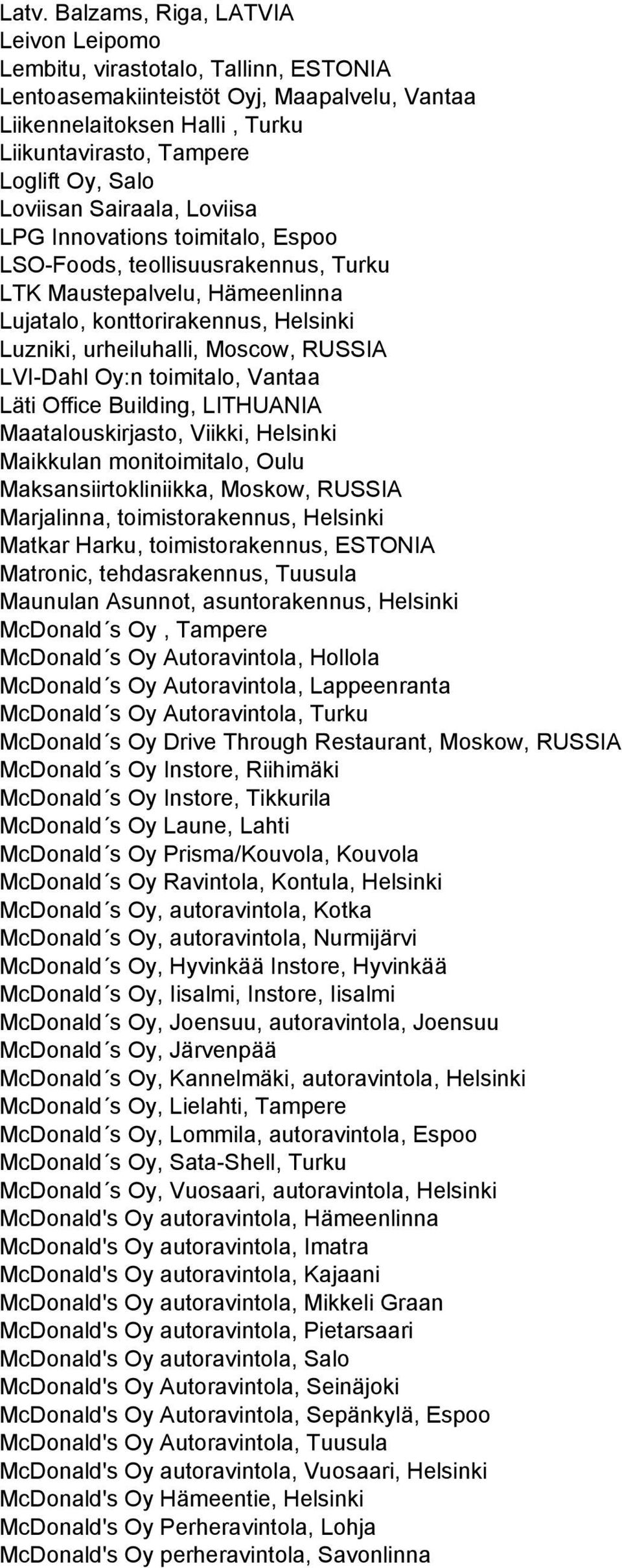 Moscow, RUSSIA LVI-Dahl Oy:n toimitalo, Vantaa Läti Office Building, LITHUANIA Maatalouskirjasto, Viikki, Helsinki Maikkulan monitoimitalo, Oulu Maksansiirtokliniikka, Moskow, RUSSIA Marjalinna,