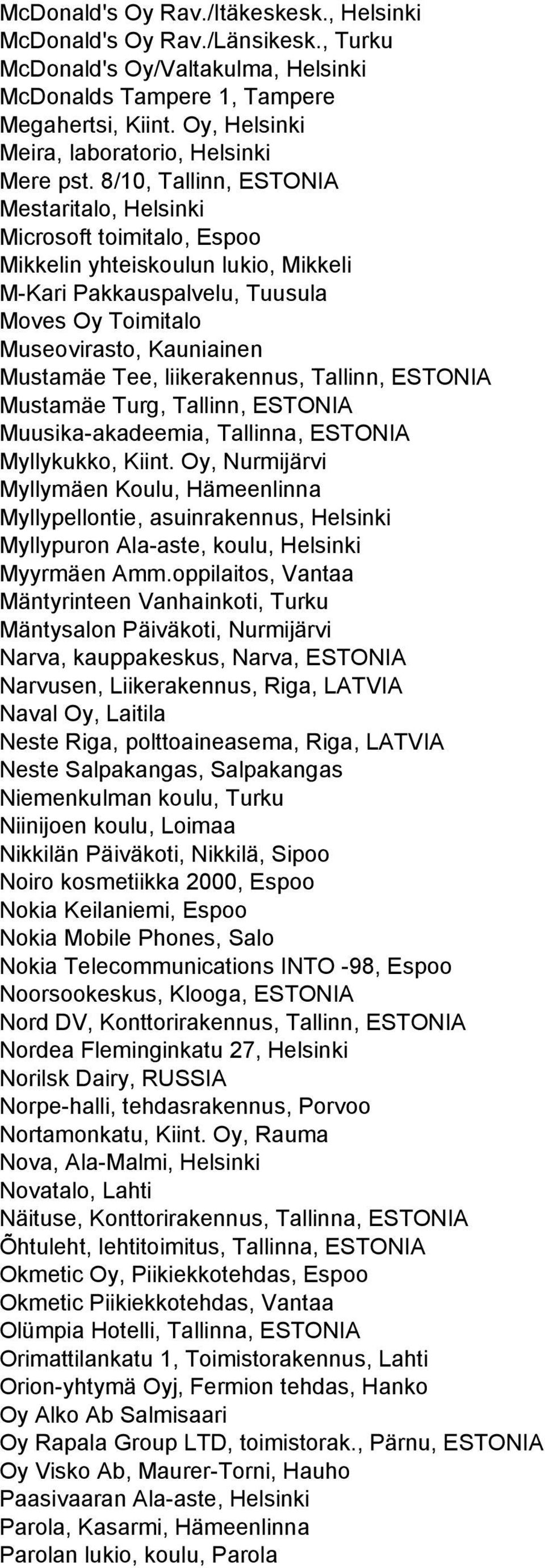 8/10, Tallinn, ESTONIA Mestaritalo, Helsinki Microsoft toimitalo, Espoo Mikkelin yhteiskoulun lukio, Mikkeli M-Kari Pakkauspalvelu, Tuusula Moves Oy Toimitalo Museovirasto, Kauniainen Mustamäe Tee,