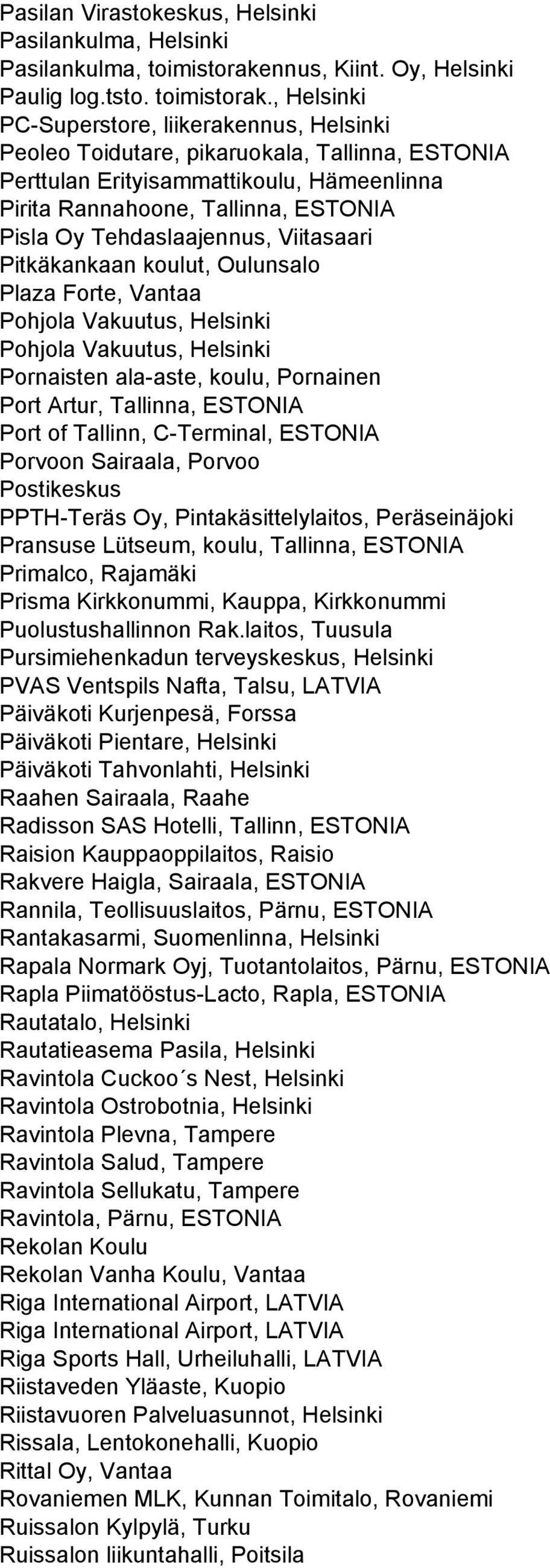 , Helsinki PC-Superstore, liikerakennus, Helsinki Peoleo Toidutare, pikaruokala, Tallinna, ESTONIA Perttulan Erityisammattikoulu, Hämeenlinna Pirita Rannahoone, Tallinna, ESTONIA Pisla Oy