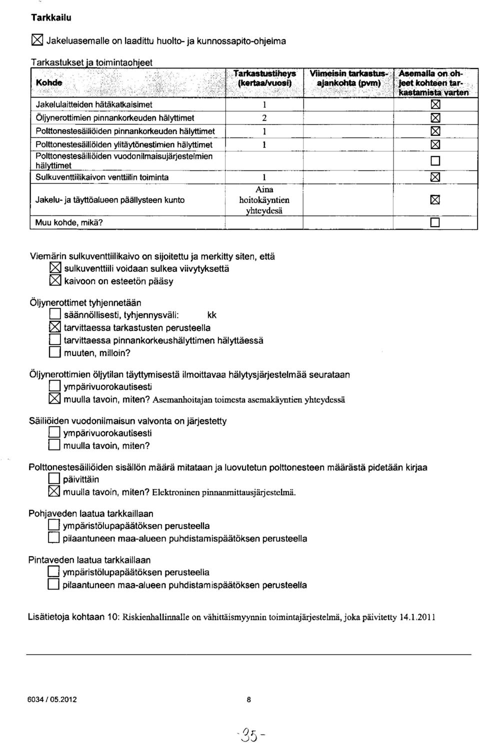 Sulkuventtiilikaivon venttiilin toiminta 1 Aina Jakelu-ja täyttöalueen päällysteen kunto hoitokäyntien yhteydesä Muu kohde, mikä?