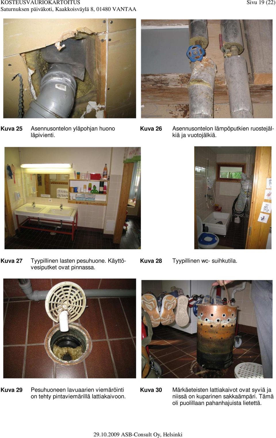 Käyttövesiputket ovat pinnassa. Kuva 28 Tyypillinen wc- suihkutila.