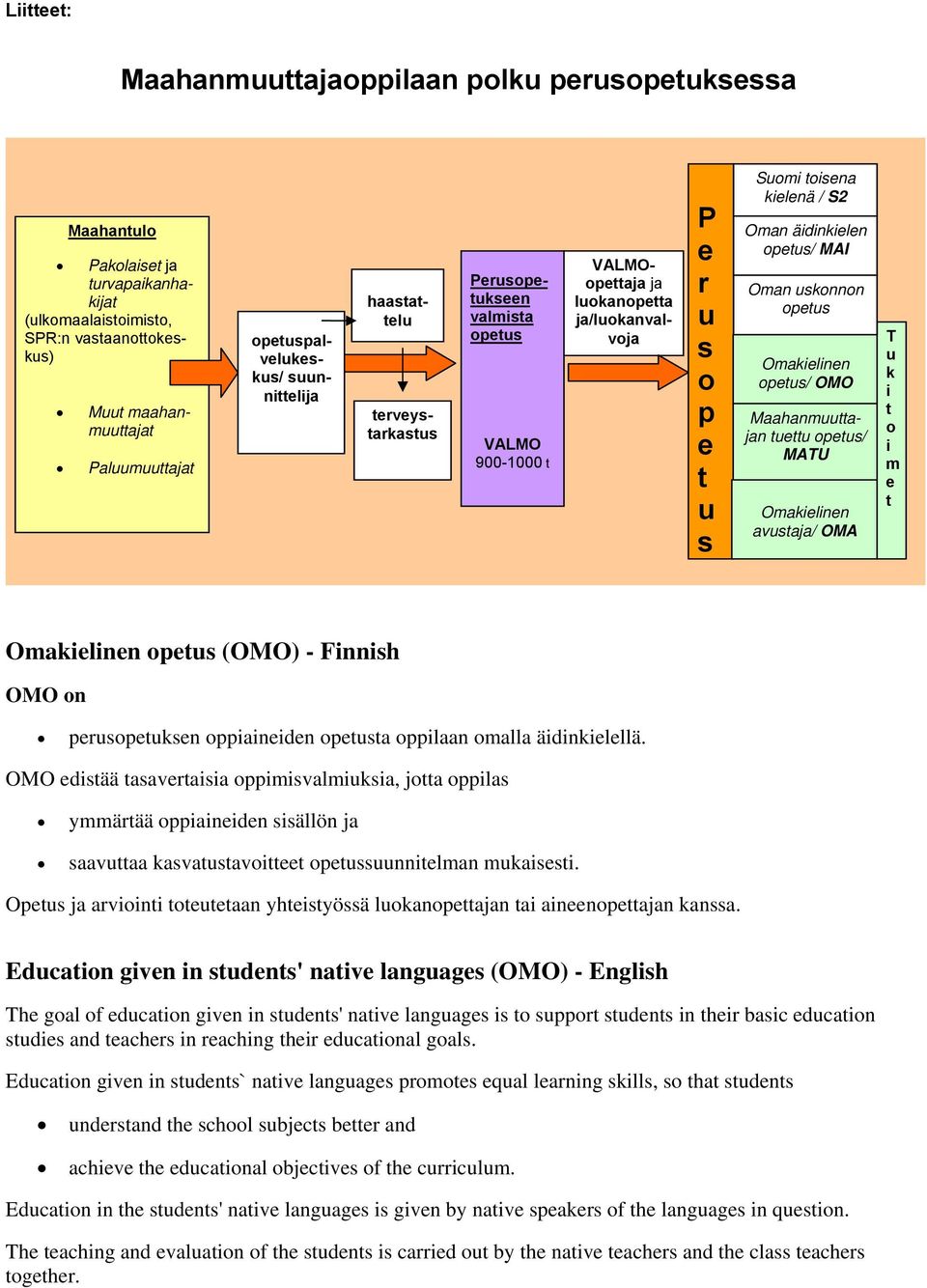 suunnittelija VALMOpettaja ja lukanpetta ja/lukanvalvja Maahanmuuttajan tuettu petus/ MATU Omakielinen avustaja/ OMA T u k i t i m e t Omakielinen petus (OMO) - Finnish OMO n peruspetuksen