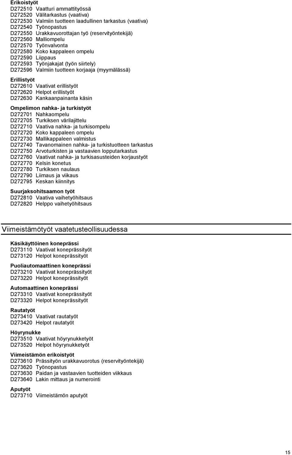Erillistyöt D272610 Vaativat erillistyöt D272620 Helpot erillistyöt D272630 Kankaanpainanta käsin Ompelimon nahka- ja turkistyöt D272701 Nahkaompelu D272705 Turkiksen värilajittelu D272710 Vaativa