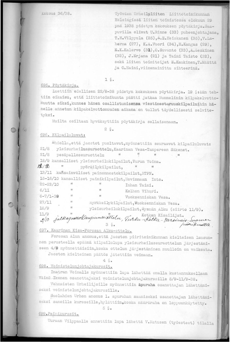 Ivlaattä ja O. Haini,viimemainittu sihteerinäo 695. pöytäkir.ia. 1 Luettiin e eilisen 22/8-38 pidetyn kokouksen pöytakirja. 19 : aän tehtiin oikaisu, että liittotoimikunta pci.