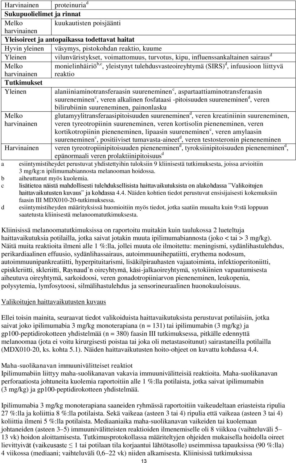 alaniiniaminotransferaasin suureneminen c, aspartaattiaminotransferaasin suureneminen c, veren alkalinen fosfataasi -pitoisuuden suureneminen d, veren bilirubiinin suureneminen, painonlasku Melko