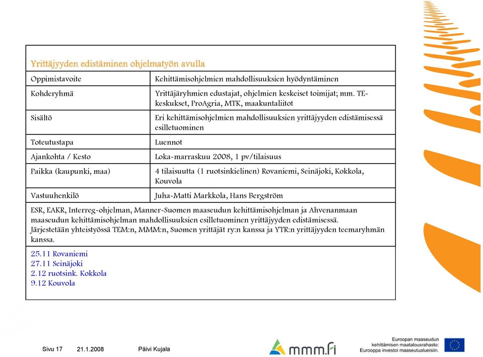 ruotsinkielinen) Rovaniemi, Seinäjoki, Kokkola, Kouvola Juha-Matti Markkola, Hans Bergström ESR, EAKR, Interreg-ohjelman, Manner-Suomen maaseudun kehittämisohjelman ja Ahvenanmaan maaseudun