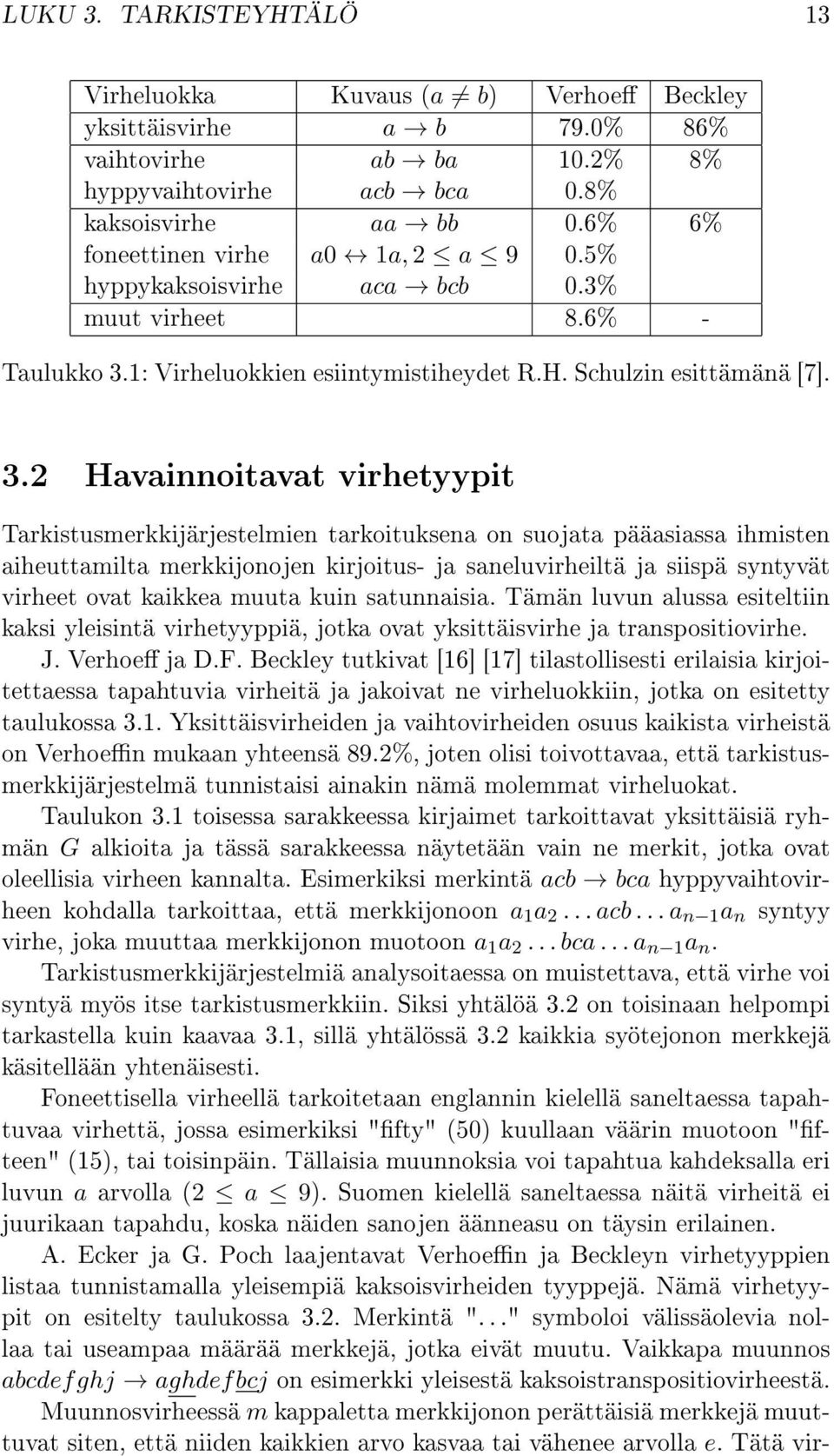 1: Virheluokkien esiintymistiheydet R.H. Schulzin esittämänä [7]. 3.