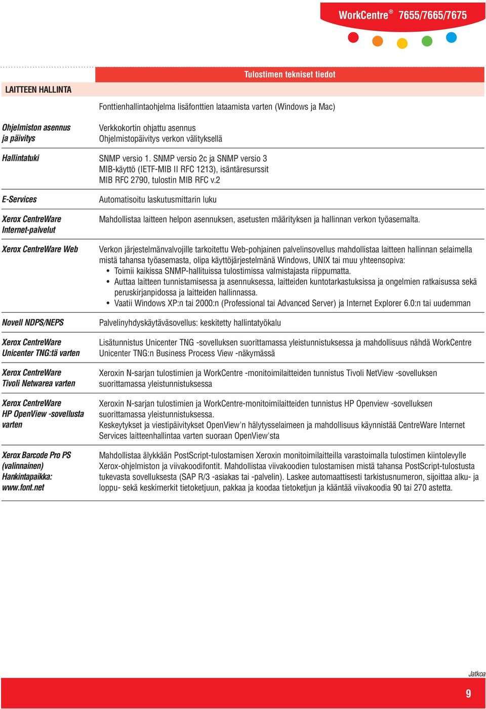 2 E-Services Xerox CentreWare Internet-palvelut Xerox CentreWare Web Novell NDPS/NEPS Xerox CentreWare Unicenter TNG:tä varten Xerox CentreWare Tivoli Netwarea varten Xerox CentreWare HP OpenView