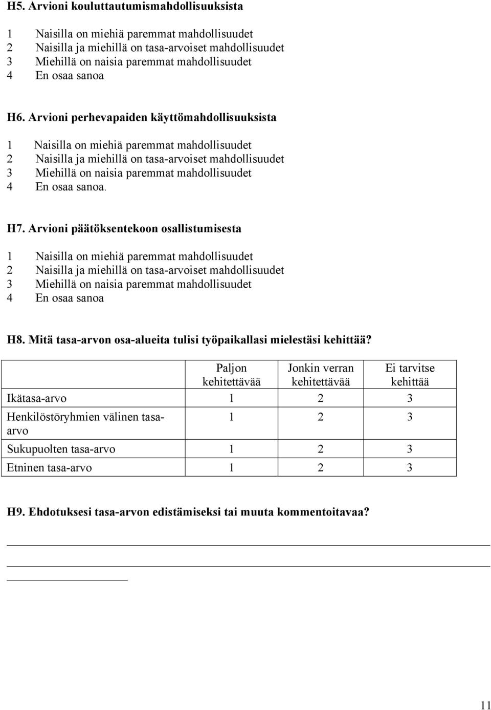 Arvioni perhevapaiden käyttömahdollisuuksista 1 Naisilla on miehiä paremmat mahdollisuudet 2 Naisilla ja miehillä on tasa-arvoiset mahdollisuudet 3 Miehillä on naisia paremmat mahdollisuudet 4 En