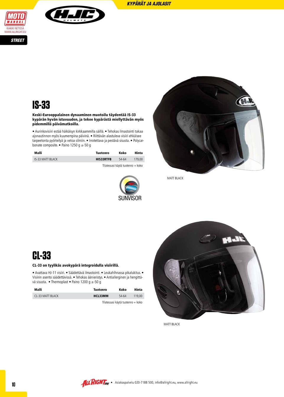 Irrotettava ja pestävä sisusta. Polycarbonate composite. Paino 1250 g ±-50 g IS-33 MATT BLACK HIS33RTFB 54-64 179,00 MATT BLACK SUNVISOR CL-33 CL-33 on tyylikäs avokypärä integroidulla visiirillä.