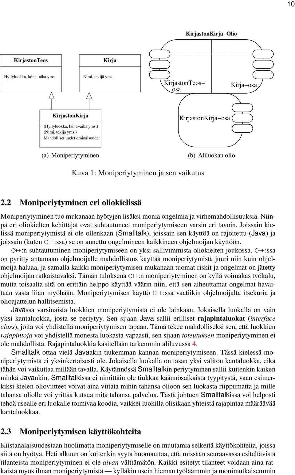 monia ongelmia ja virhemahdollisuuksia Niinpä eri oliokielten kehittäjät ovat suhtautuneet moniperiytymiseen varsin eri tavoin Joissain kielissä moniperiytymistä ei ole ollenkaan (Smalltalk),