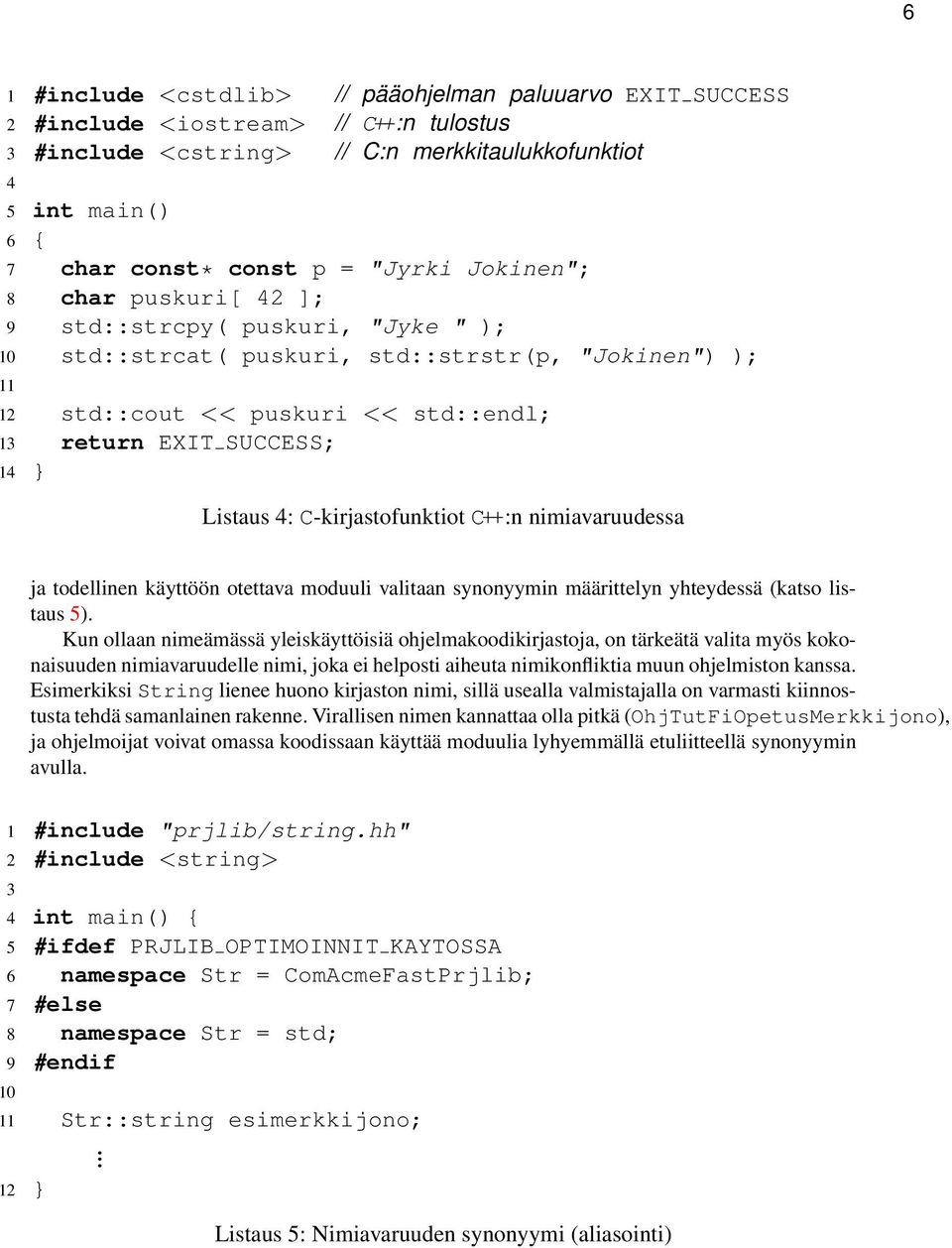 Listaus 4: C-kirjastofunktiot C++:n nimiavaruudessa ja todellinen käyttöön otettava moduuli valitaan synonyymin määrittelyn yhteydessä (katso listaus 5) Kun ollaan nimeämässä yleiskäyttöisiä