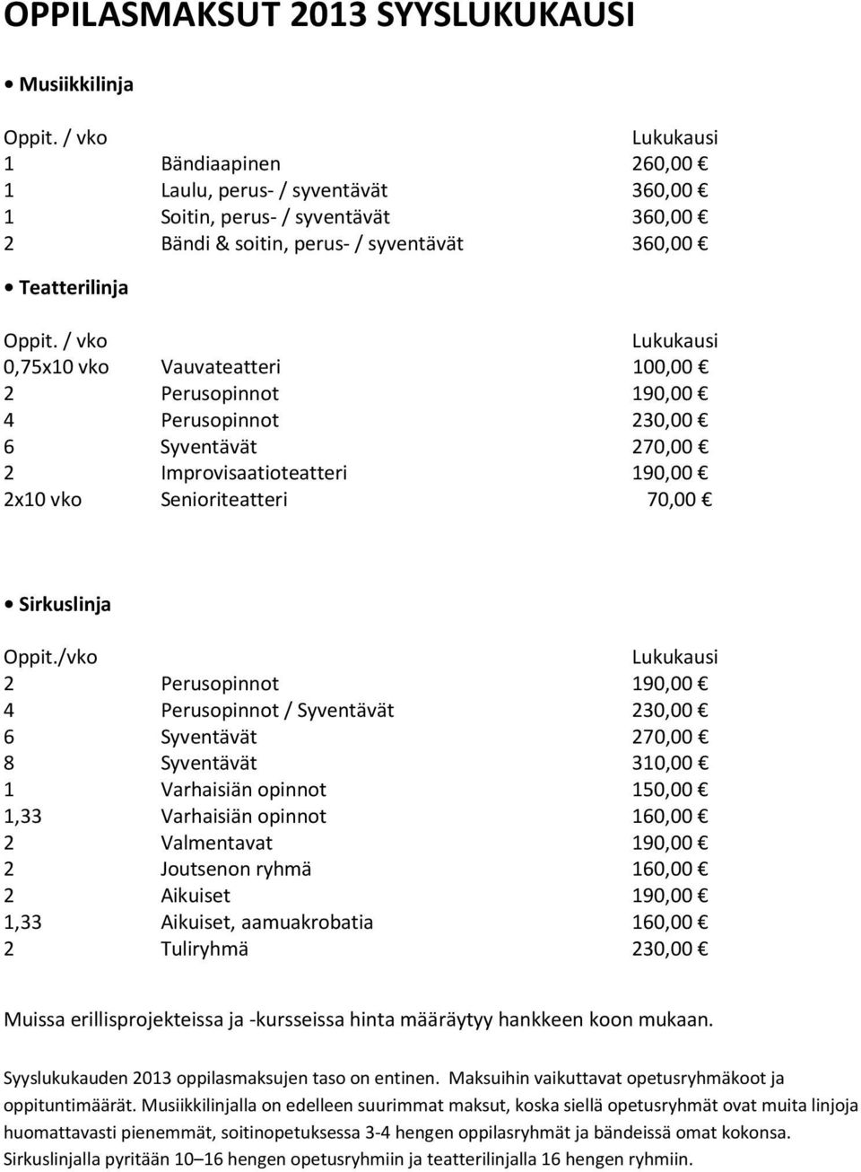 / vko Lukukausi 0,75x10 vko Vauvateatteri 100,00 2 Perusopinnot 190,00 4 Perusopinnot 230,00 6 Syventävät 270,00 2 Improvisaatioteatteri 190,00 2x10 vko Senioriteatteri 70,00 Sirkuslinja Oppit.