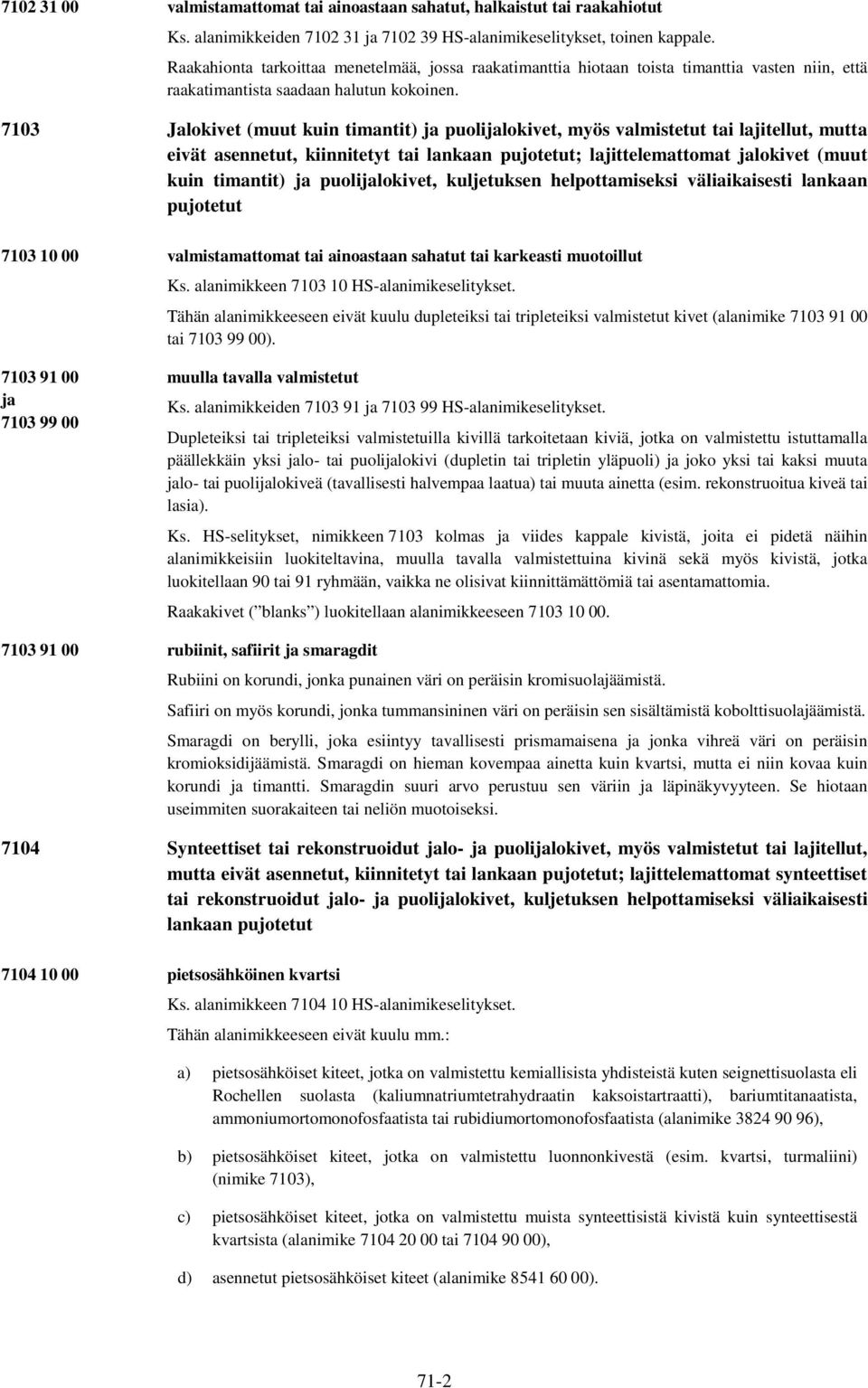 7103 Jalokivet (muut kuin timantit) puolilokivet, myös valmistetut tai lajitellut, mutta eivät asennetut, kiinnitetyt tai lankaan pujotetut; lajittelemattomat lokivet (muut kuin timantit)