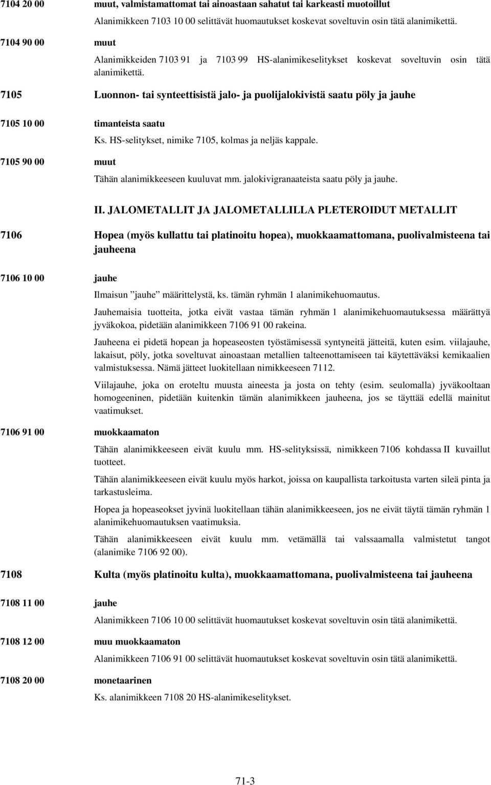 HS-selitykset, nimike 7105, kolmas neljäs kappale. 7105 90 00 muut Tähän alanimikkeeseen kuuluvat mm. lokivigranaateista saatu pöly uhe. II.