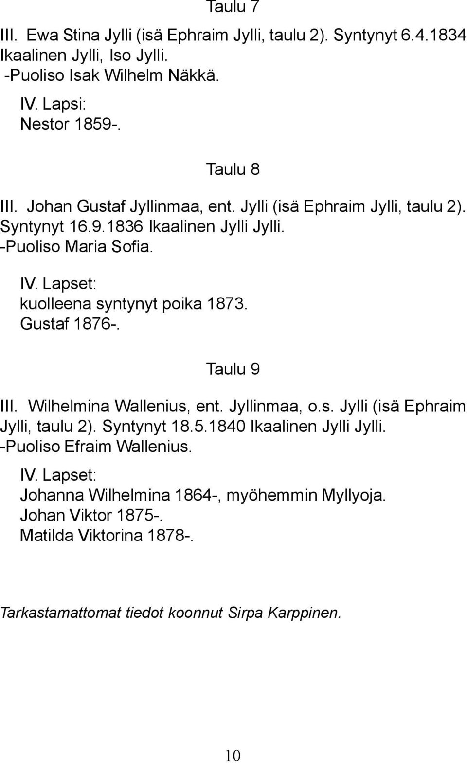 Lapset: kuolleena syntynyt poika 1873. Gustaf 1876-. Taulu 9 III. Wilhelmina Wallenius, ent. Jyllinmaa, o.s. Jylli (isä Ephraim Jylli, taulu 2). Syntynyt 18.5.