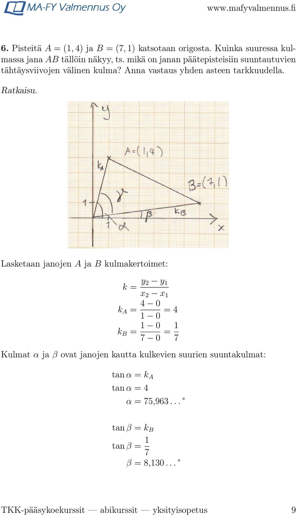 Lasketaan janojen A ja B kulmakertoimet: k = y 2 y 1 x 2 x 1 k A = 4 0 1 0 = 4 k B = 1 0 7 0 = 1 7 Kulmat α ja β ovat janojen