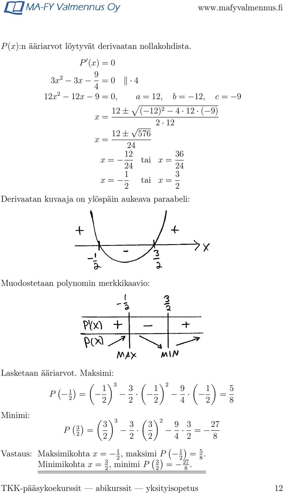 tai x = 3 2 Derivaatan kuvaaja on ylöspäin aukeava paraabeli: Muodostetaan polynomin merkkikaavio: Lasketaan ääriarvot.