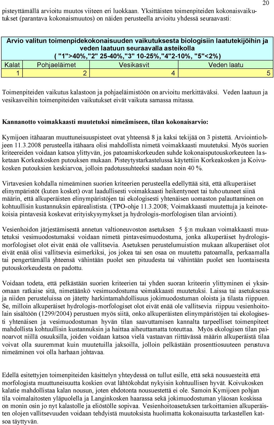 laatutekijöihin ja veden laatuun seuraavalla asteikolla ( "1">40%,"2" 25-40%,"3" 10-25%,"4"2-10%, "5"<2%) Kalat Pohjaeläimet Vesikasvit Veden laatu 1 2 4 5 Toimenpiteiden vaikutus kalastoon ja