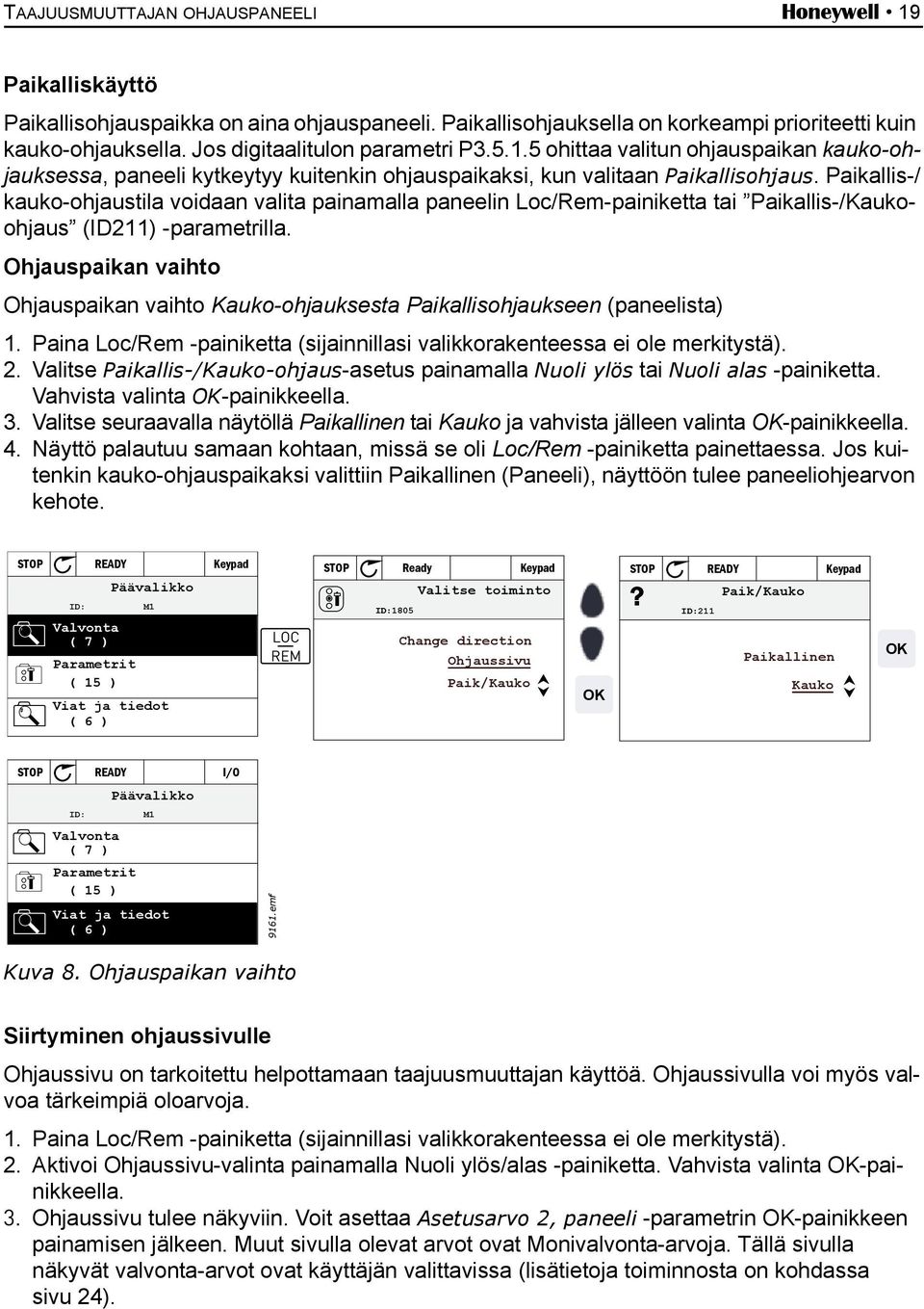 Paikallis-/ kauko-ohjaustila voidaan valita painamalla paneelin Loc/Rem-painiketta tai Paikallis-/Kaukoohjaus (ID211) -parametrilla.