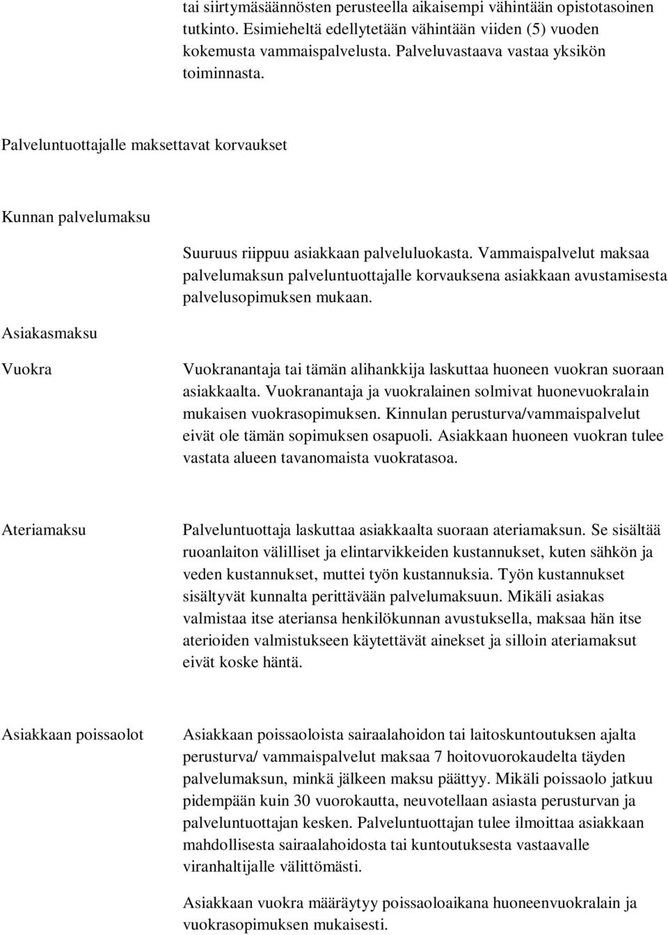 Vammaispalvelut maksaa palvelumaksun palveluntuottajalle korvauksena asiakkaan avustamisesta palvelusopimuksen mukaan.