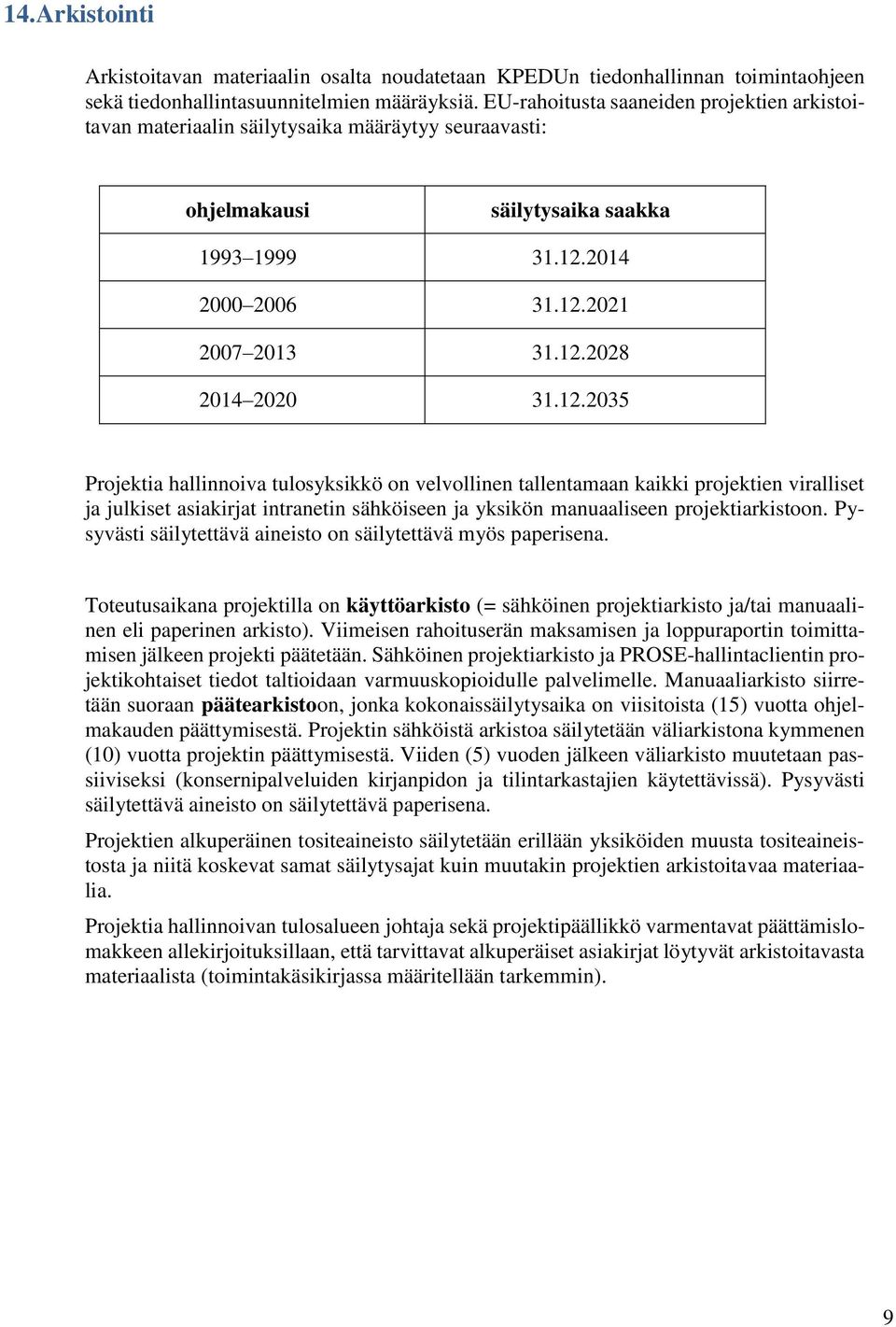 12.2035 Projektia hallinnoiva tulosyksikkö on velvollinen tallentamaan kaikki projektien viralliset ja julkiset asiakirjat intranetin sähköiseen ja yksikön manuaaliseen projektiarkistoon.