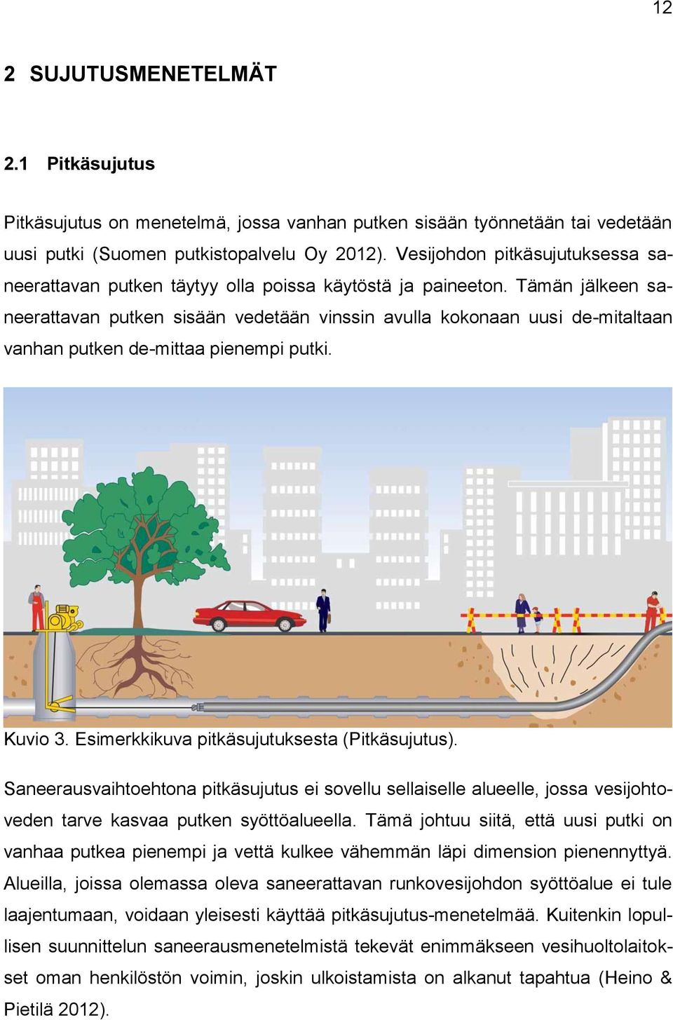 Tämän jälkeen saneerattavan putken sisään vedetään vinssin avulla kokonaan uusi de-mitaltaan vanhan putken de-mittaa pienempi putki. Kuvio 3. Esimerkkikuva pitkäsujutuksesta (Pitkäsujutus).