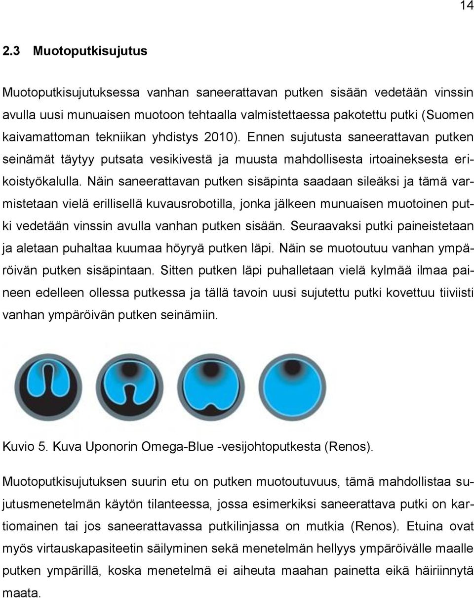 Näin saneerattavan putken sisäpinta saadaan sileäksi ja tämä varmistetaan vielä erillisellä kuvausrobotilla, jonka jälkeen munuaisen muotoinen putki vedetään vinssin avulla vanhan putken sisään.