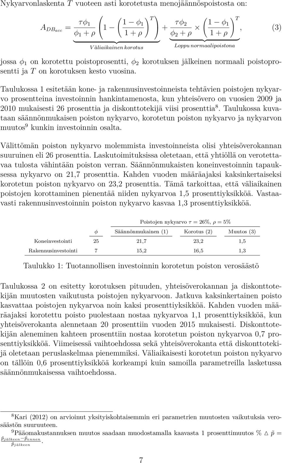 Taulukossa 1 esitetään kone- ja rakennusinvestoinneista tehtävien poistojen nykyarvo prosentteina investoinnin hankintamenosta, kun yhteisövero on vuosien 2009 ja 2010 mukaisesti 26 prosenttia ja