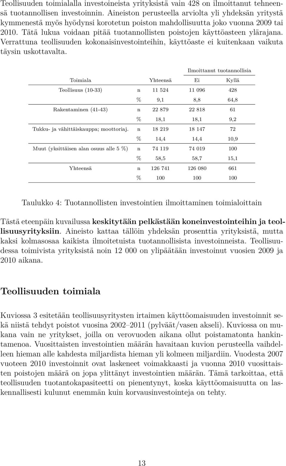 Tätä lukua voidaan pitää tuotannollisten poistojen käyttöasteen ylärajana. Verrattuna teollisuuden kokonaisinvestointeihin, käyttöaste ei kuitenkaan vaikuta täysin uskottavalta.