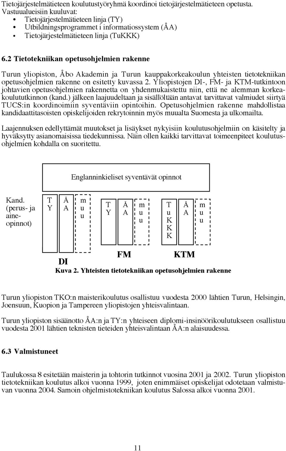 2 Tietotekniikan opetusohjelmien rakenne Turun yliopiston, Åbo Akademin ja Turun kauppakorkeakoulun yhteisten tietotekniikan opetusohjelmien rakenne on esitetty kuvassa 2.